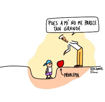 Viñeta que representa la diferencia en la percepción de un problema por parte de un niño y de un adulto