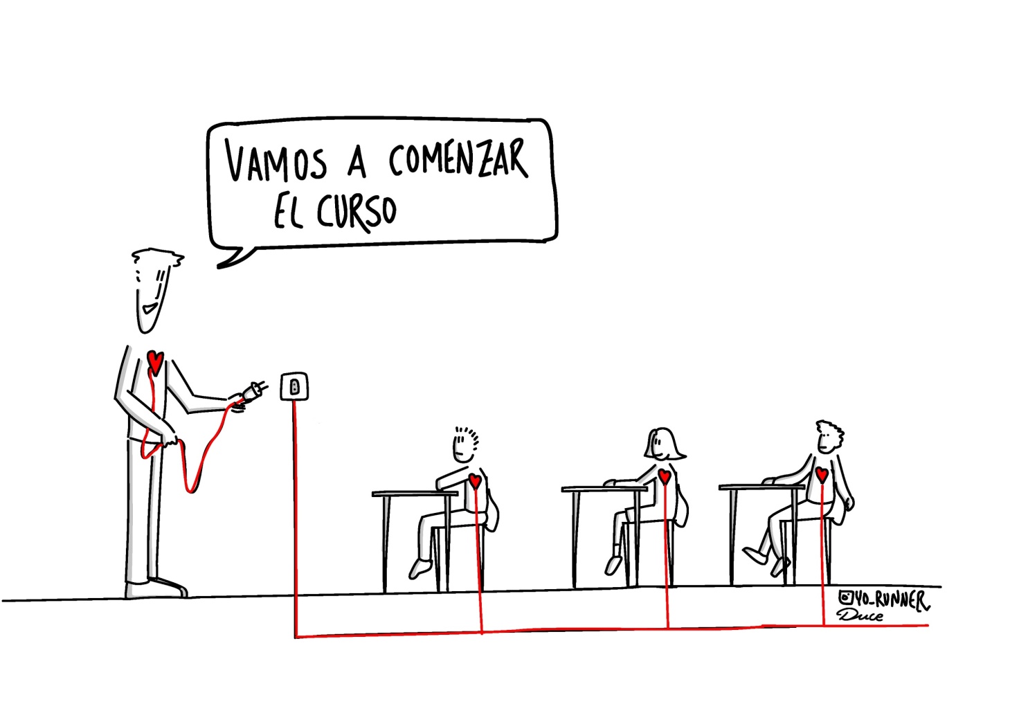 Viñeta con profesor y alumnos sobre el comienzo del curso