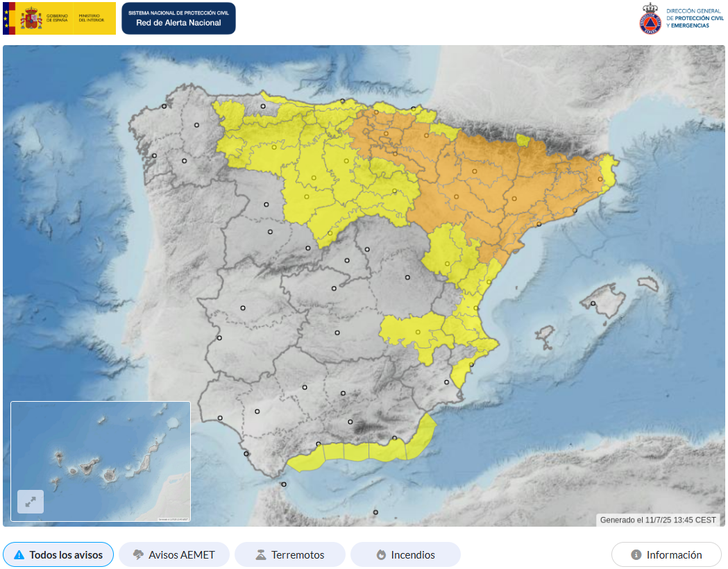 Web de la Red de Alerta Nacional de Protección Civil (RAN)