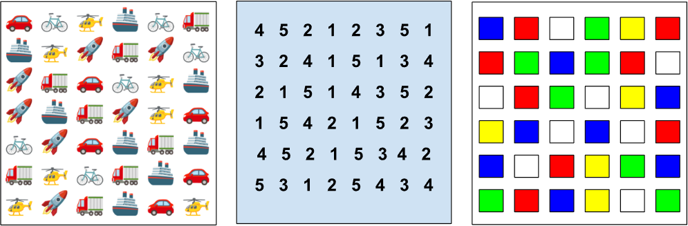 Tres cuadrículas, con dibujos de vehículos como coches, barcos y cohetes; con números del 1 al 5 y con cuadrados de colores.